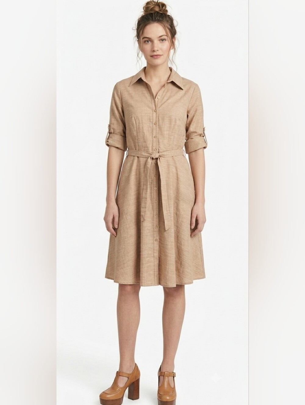Sharagano Classic Tan Button-Front Shirt Dress with Tie Waist 10